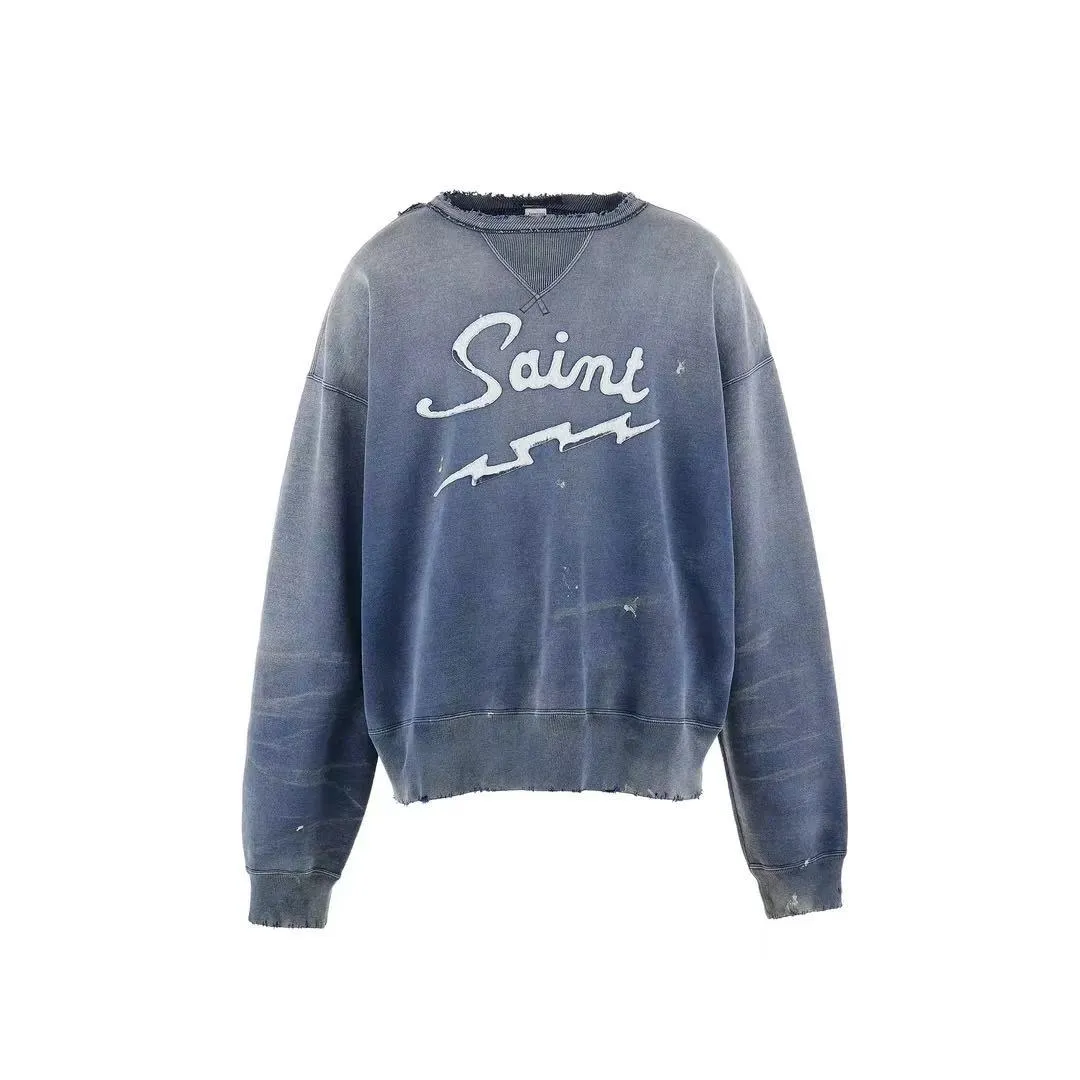 Spot ST1031 style washed blue P240 SAINT MICHAEL25SS CRW-N SWEAT lightning embroidery casual distressed round neck sweatshirt same style for men and women size S-M-L-XL